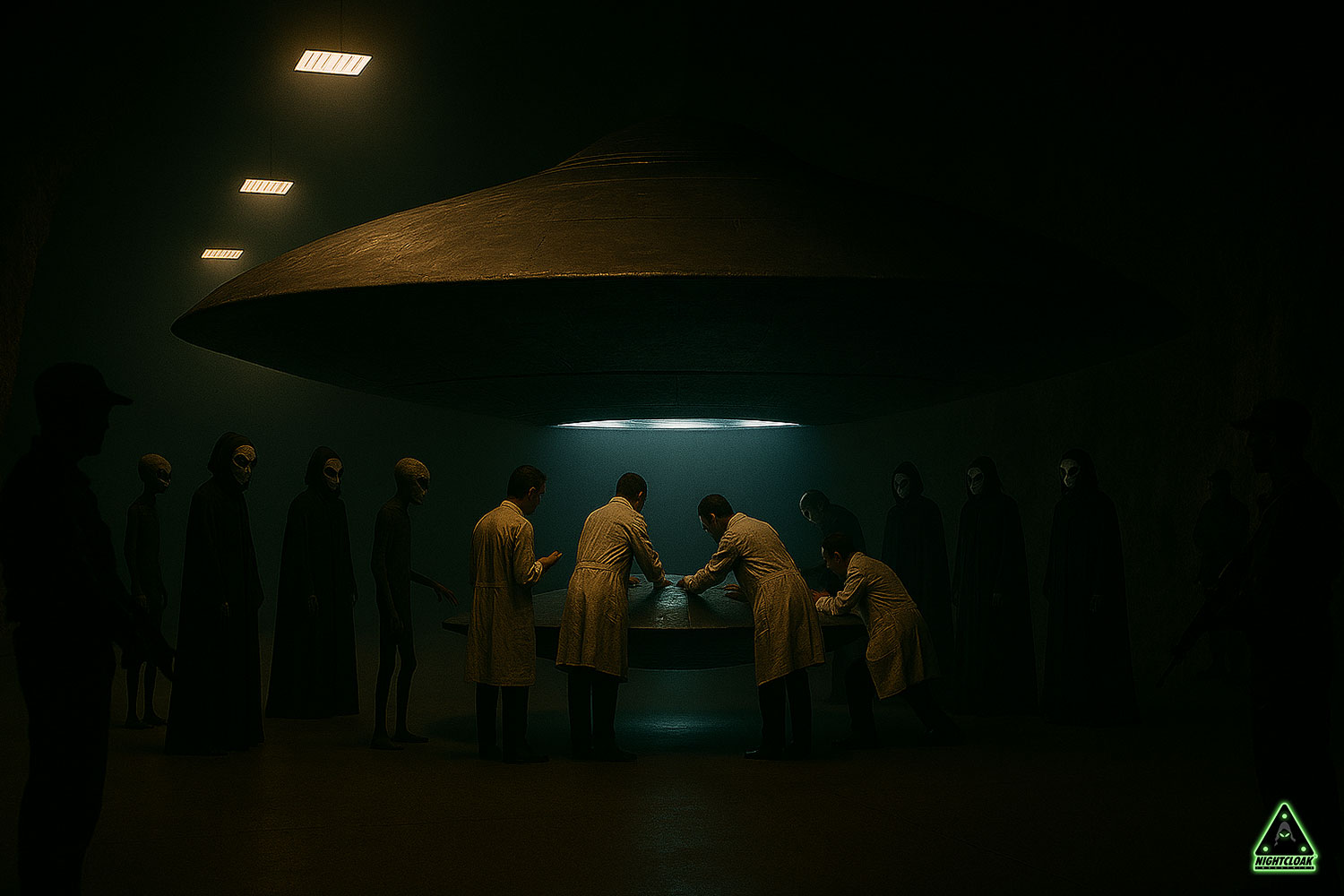 Humans and Gray Elders (Aliens) work together in a deep underground base.