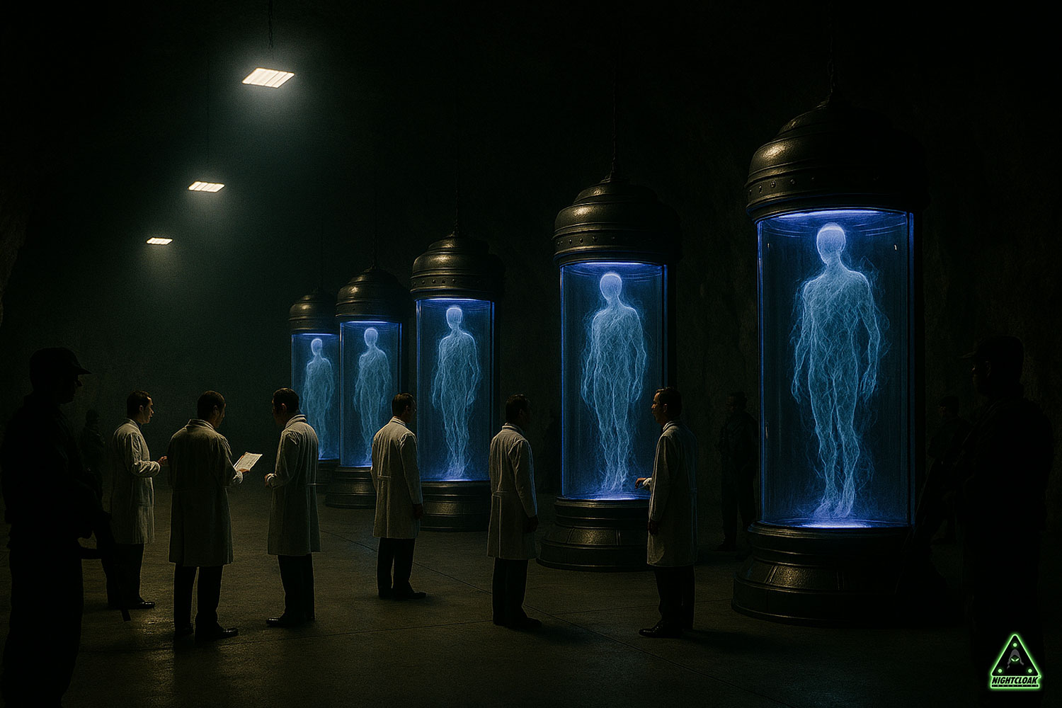 A deep underground base with paranormal entities contained in glass tubular chambers.