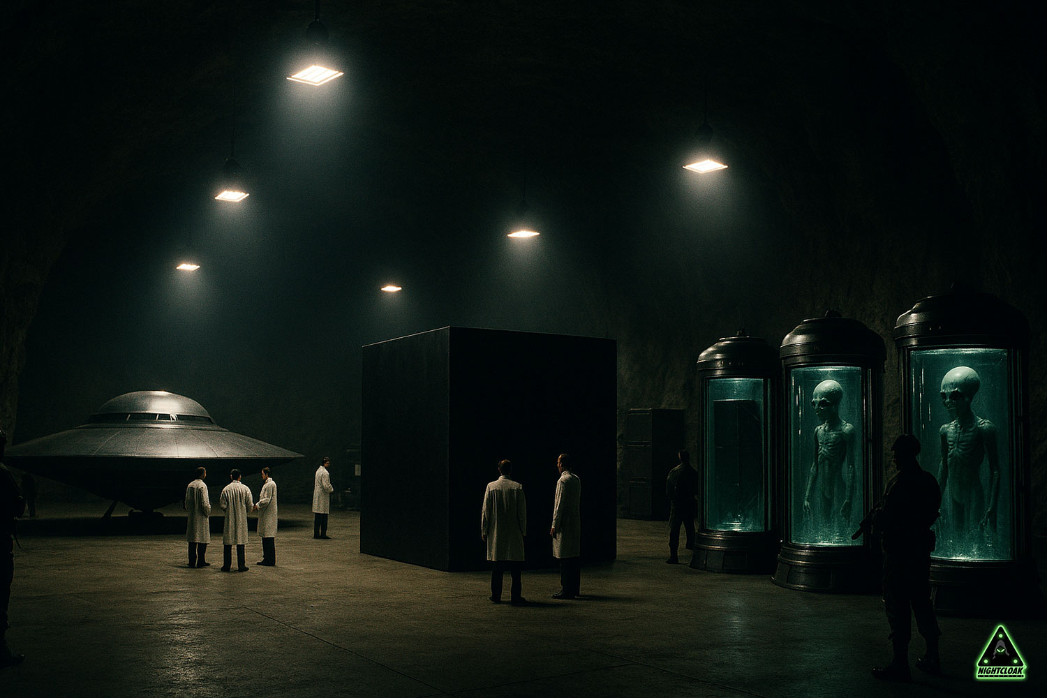 Deep underground base hangar with intact UFOs and Aliens